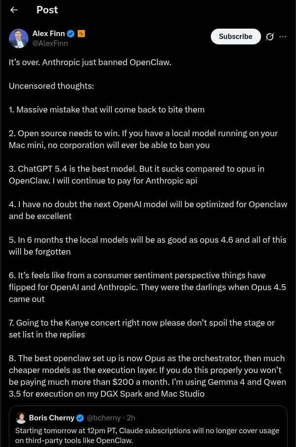 Alex Finn's reaction thread on X